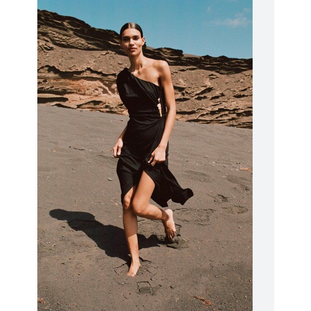 Zara Womens Asymmetric Midi Dress S Black Balloon Sleeve Beaded  9878/182 NWOT